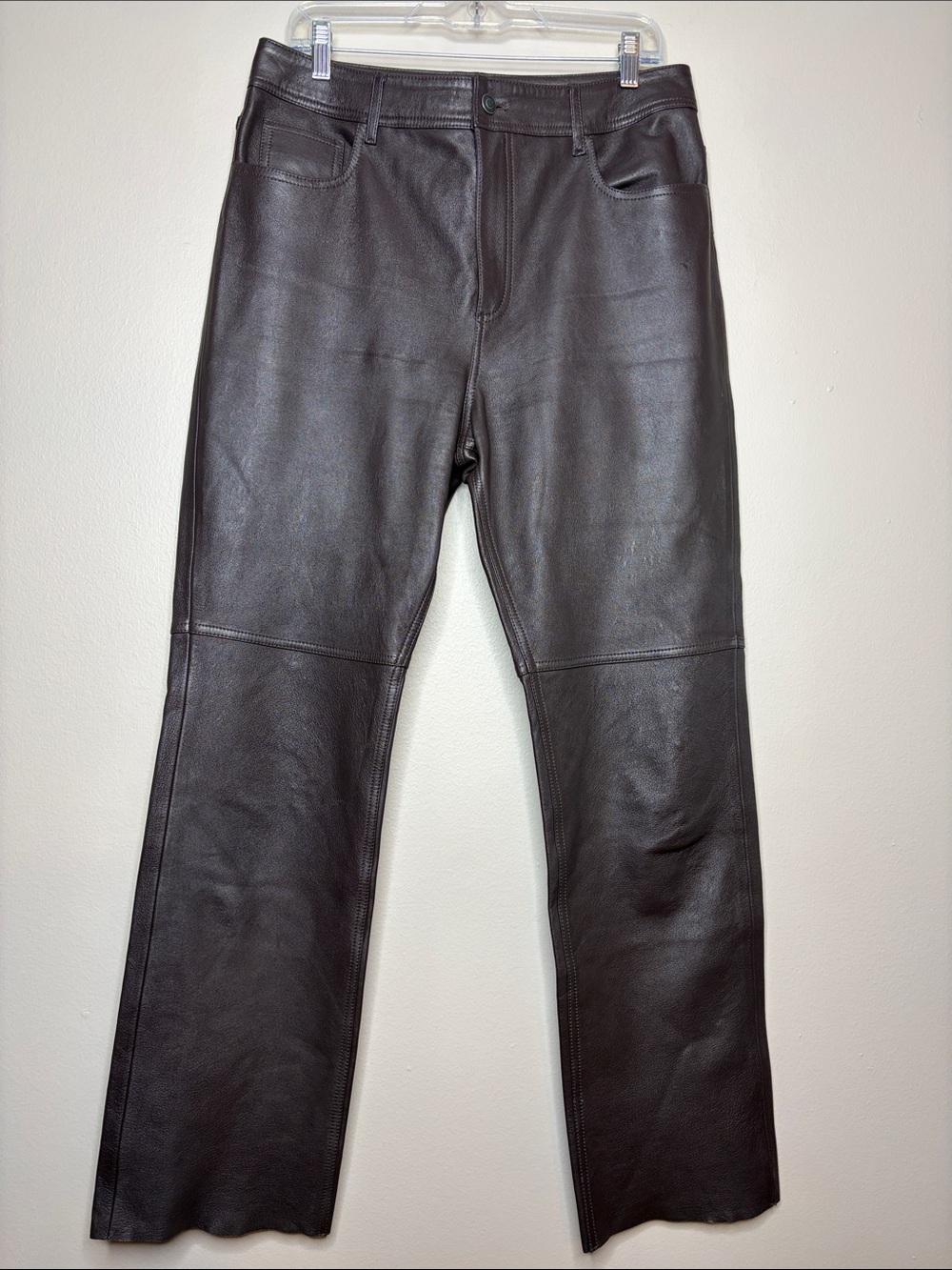 H&M Dark Brown 100% Real Lamb Leather Straight Leg Pants Size 10